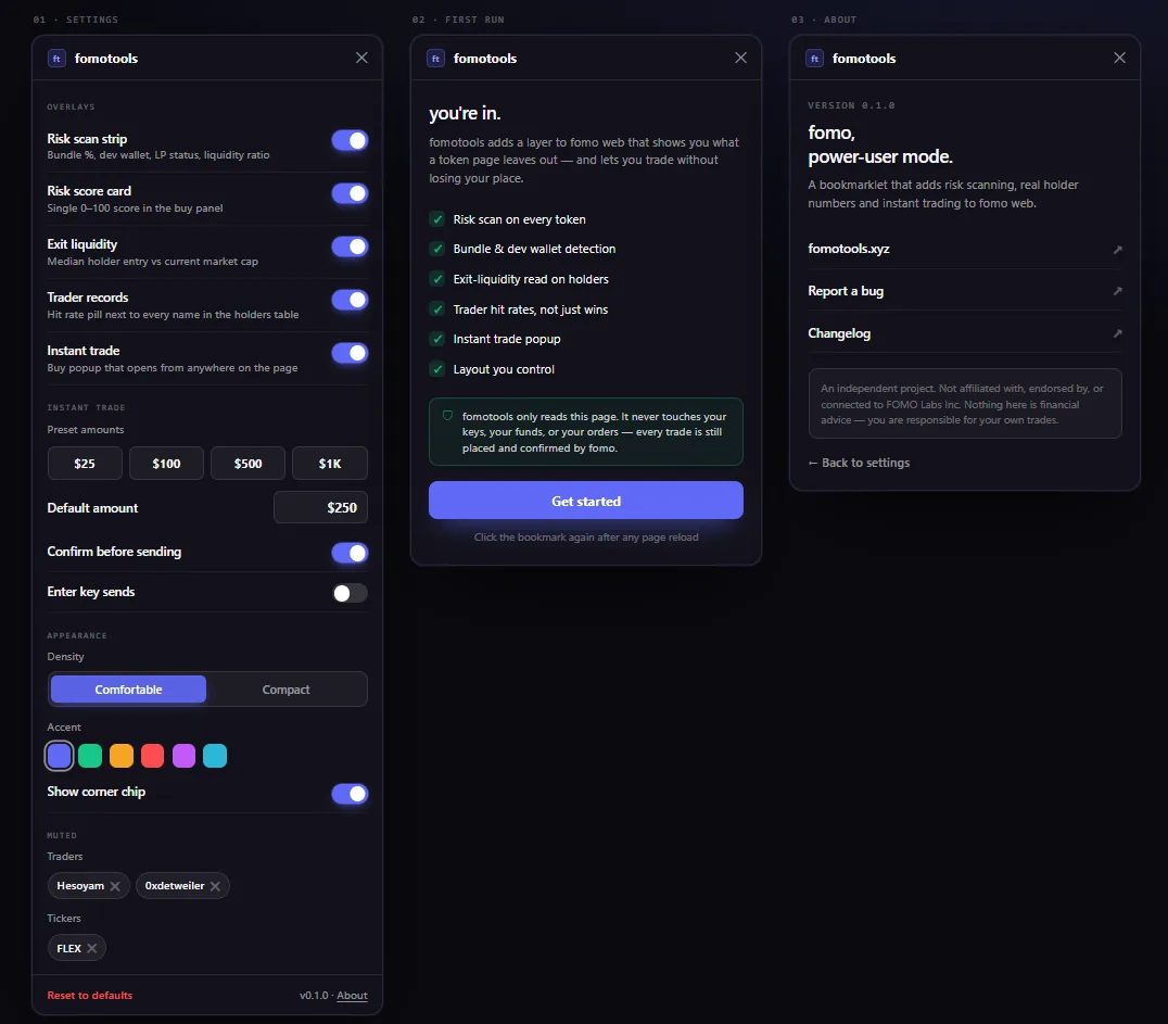 The fomotools settings panel with toggles for each overlay, quick-buy
                  presets, density and accent controls and muted traders, beside the
                  first-run welcome screen and the about screen.